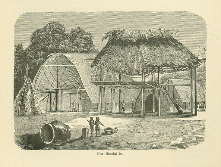 "Karaibhuetten" (Caraib huts)  Original antique print   Wood engraving at the bottom of a page of German text about exploration by Ponce de Leon in the Caribbean. On the reverse side is continued text. Published 1881.