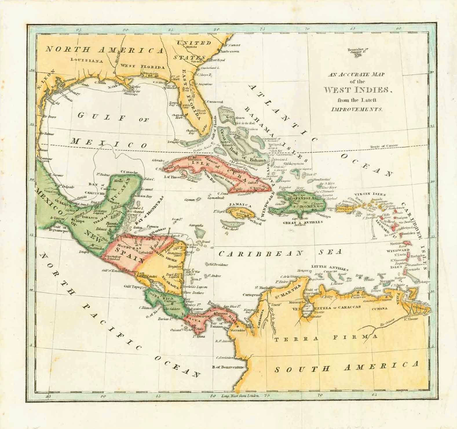 "An Accurate Map if the West Indies from the Latest Improvements"  Anonymous hand-colored copper etching. Ca. 1840  Published in "The General Atlas of the World"  By Robert Wilkinson (ca. 1768-1825)  London, 1794  Original antique print , interior design, wall decoration, ideas, idea, gift ideas, present, vintage, charming, special, decoration, home interior, living room design