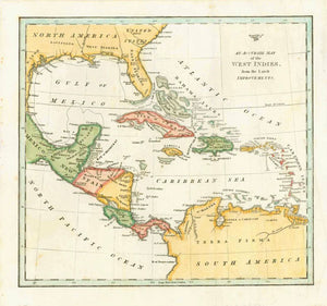 "An Accurate Map if the West Indies from the Latest Improvements"  Anonymous hand-colored copper etching. Ca. 1840  Published in "The General Atlas of the World"  By Robert Wilkinson (ca. 1768-1825)  London, 1794  Original antique print , interior design, wall decoration, ideas, idea, gift ideas, present, vintage, charming, special, decoration, home interior, living room design