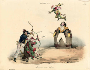 Caricature, Sebastian, "Martyrium sancta Sebastiani" - Martyrdom of St. Sebastian  Lithograph by Delaporte after drawing by Edoard Wattier (1793-1871).  Published in "La Caricature". Paris 1871  Horace-Francois Sebastiani was Minister of Foreign Affairs in France from 1830 to 1832. So this is a play on words, a parody: Sebastiani versus St. Sebastian.  Original antique print  