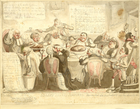 "Select vestry comforts" 1828.   Original drawing, St Paul's, Covent Garden, Dr. George Richards, Alderman Henry Winchester, Thomas Howell Jones  Eight of the select vestry of St Paul's, Covent Garden dining in the vestry room. At the head of the table is the vicar of St Martin-in-the-Fields, Dr. George Richards, and gnawing a bone is Alderman Henry Winchester. A case of debauchery.  Washed ink over pencil drawing. Title and all writing in pencil. Partially  cancelled and newly composed text. 