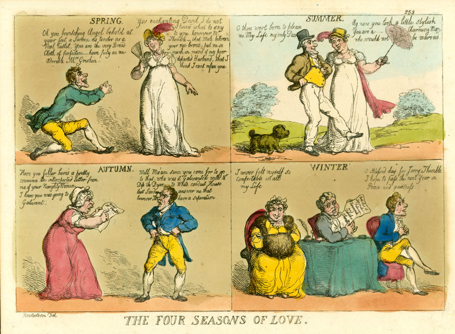 "Select vestry comforts" 1828.   Humor, Caricature, Four Seasons, Rowlandson, Tegg  "The Four Seasons of Love" - Spring Summer, Autumn, Winter.  Copper etching after Thomas Rowlandson. Fine original hand coloring.  Publshed by Thomas Tegg  Originally published in London, 1814.  Original antique print  