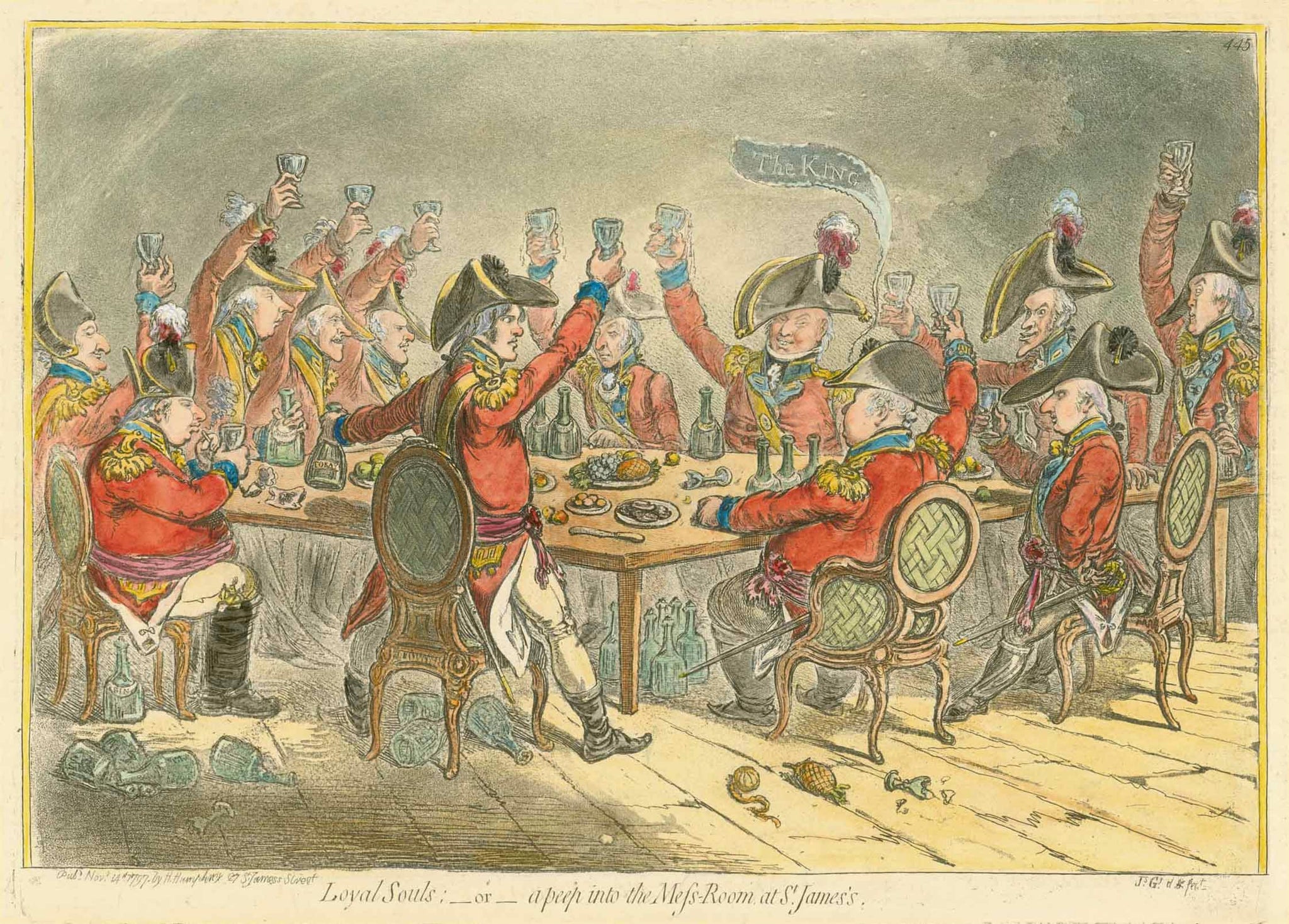 "Loyal Souls - or -a peep into the Mess-Room at St. James's"  Hand-colored copper etching by James Gillray (1756-1815)  The print is dated 1797. But this print is a later edition  Published, ca. 1870  12 officers of the British Army sitting in the mess-room cheering the King with lots of bottles of Tokaji wine (high class Hungarian wine)  Original antique print  