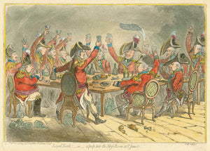 "Loyal Souls - or -a peep into the Mess-Room at St. James's"  Hand-colored copper etching by James Gillray (1756-1815)  The print is dated 1797. But this print is a later edition  Published, ca. 1870  12 officers of the British Army sitting in the mess-room cheering the King with lots of bottles of Tokaji wine (high class Hungarian wine)  Original antique print  