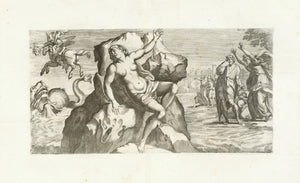 Andromeda, chained to a rock, is abandoned to a sea monster, while Perseus riding Pegasus holding Medusas severed head towards the monster, thus petrifying it, receives Andromeds for his wife  (Greek Mythology)  Copper etching by Carlo Cesio (1626-1686)  Design by Arnold van Westerhout (1651-1725)  After the fresco in Galeria Farnese in Rome by Annibale Carracci (1560-1609)