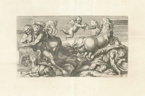 Aurora enamored with Kephalos is trying to hold him in her chariot while her husband Tithonus is sleeping in the lower right corner.  Copper etching by Carlo Cesio (1626-1686)  Design by Arnold van Westerhout (1651-1725)  After the fresco in Galeria Farnese in Rome by Annibale Carracci (1560-1609)