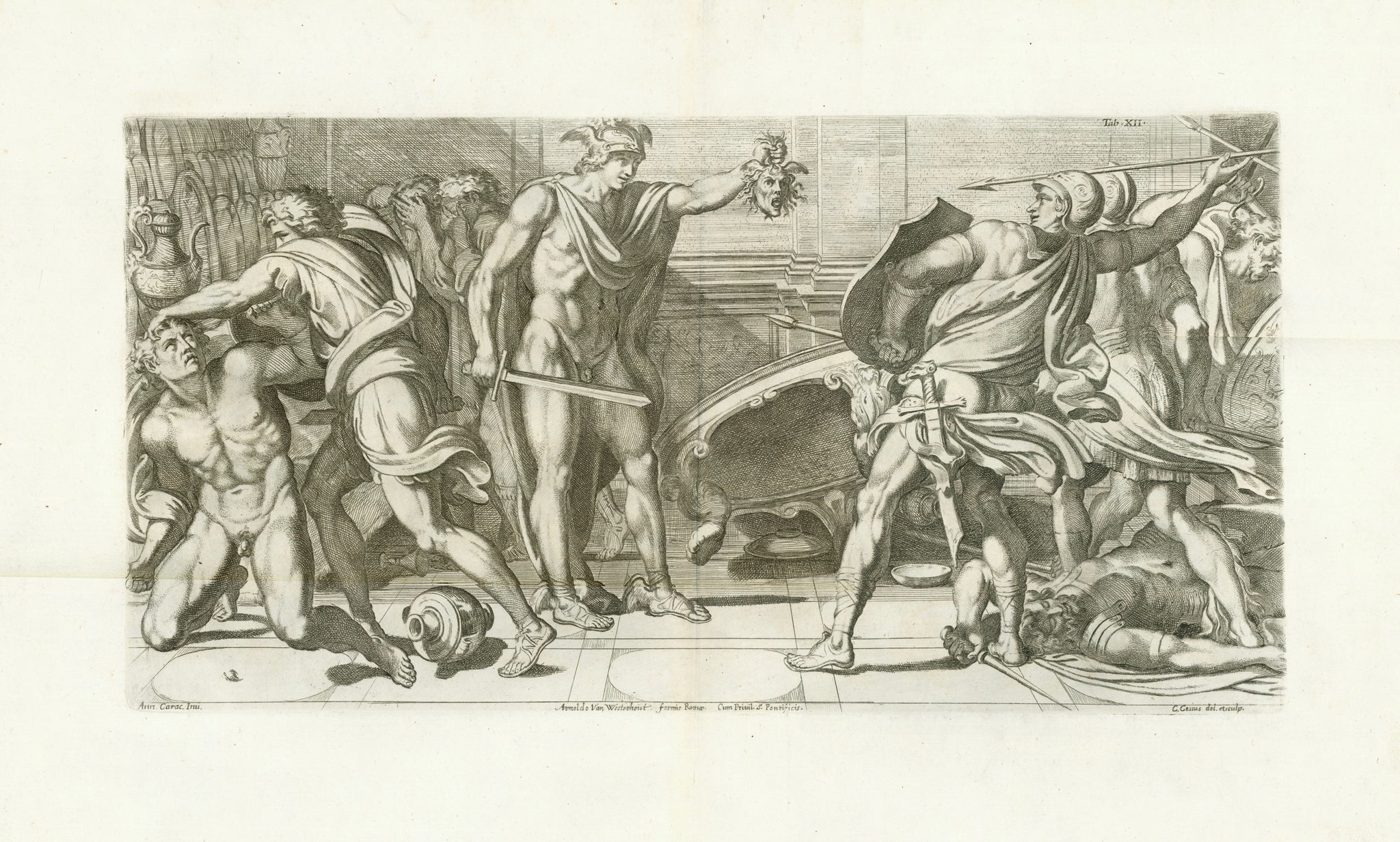 Perseus fighting against Phineus  Copper etching by Carlo Cesio (1626-1686)  Design by Arnold van Westerhout (1651-1725)  After the fresco in Galeria Farnese in Rome by Annibale Carracci (1560-1609)  Published in "GALERIA NEL PALAZZO FARNESE IN ROMA DEL SERENISS·DVCA DI PARMA ETC· DIPINTA DA ANNIBALE CARACCI INTAGLIATA DA CARLO CESIO". Plate Nr. XII (12) in this important publication with 44 etchings.  Publisher: Venanzio Monaldini.  Rome, Roma, Rom, 1657  Annibale Carracci, commissioned by Cardinal Odoardo