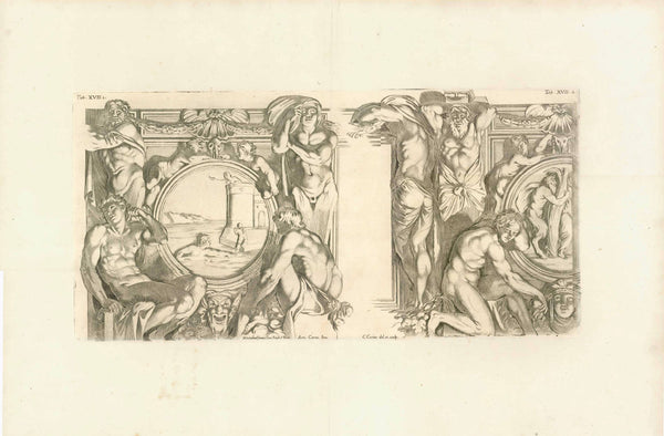No title. - Galeria Farnese, Tab XVII 1 and 2  Ceiling vault fresco  Copper etching by Carlo Cesio (1626-1686)  After the fresco by Annibale Carracci (1560-1609)  Published in "GALERIA NEL PALAZZO FARNESE IN ROMA DEL SERENISS·DVCA DI PARMA ETC· DIPINTA DA ANNIBALE CARACCI INTAGLIATA DA CARLO CESIO".  The publication has 44 etchings  Publisher: Venanzio Monaldini.  Rome, Roma, Rom, 1657  Very good condition with wide margins. Some minimal traces of age and use. Light paper aging. Vertical centerfold.  Anniba