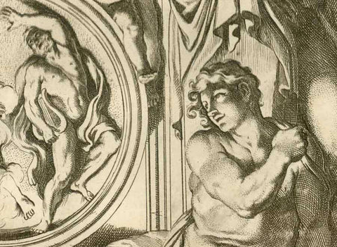 Copper etching by Carlo Cesio (1626-1686)  After the fresco by Annibale Carracci (1560-1609)  Published in "GALERIA NEL PALAZZO FARNESE IN ROMA DEL SERENISS·DVCA DI PARMA ETC· DIPINTA DA ANNIBALE CARACCI INTAGLIATA DA CARLO CESIO".  The publication has 44 etchings  Publisher: Venanzio Monaldini.  Rome, Roma, Rom, 1657  Very good condition with wide margins. Except for a few creases only minimal traces of age and use.  Light paper aging. Vertical centerfold.  Annibale Carracci, commissioned by Cardinal Odoar