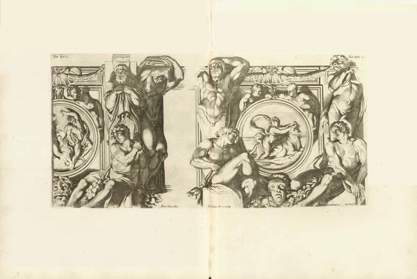 Copper etching by Carlo Cesio (1626-1686)  After the fresco by Annibale Carracci (1560-1609)  Published in "GALERIA NEL PALAZZO FARNESE IN ROMA DEL SERENISS·DVCA DI PARMA ETC· DIPINTA DA ANNIBALE CARACCI INTAGLIATA DA CARLO CESIO".  The publication has 44 etchings  Publisher: Venanzio Monaldini.  Rome, Roma, Rom, 1657  Very good condition with wide margins. Except for a few creases only minimal traces of age and use.  Light paper aging. Vertical centerfold.  Annibale Carracci, commissioned by Cardinal Odoar
