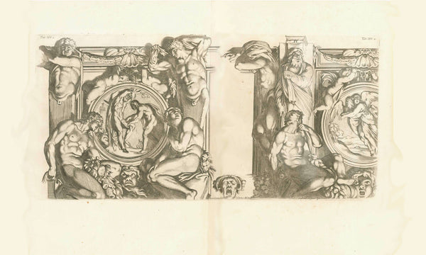 No title. - Galeria Farnese, Tab XV 1 and 2  Ceiling vault fresco  Copper etching by Carlo Cesio (1626-1686)  After the fresco by Annibale Carracci (1560-1609)  Published in "GALERIA NEL PALAZZO FARNESE IN ROMA DEL SERENISS·DVCA DI PARMA ETC· DIPINTA DA ANNIBALE CARACCI INTAGLIATA DA CARLO CESIO".  The publication has 44 etchings  Publisher: Venanzio Monaldini.  Rome, Roma, Rom, 1657