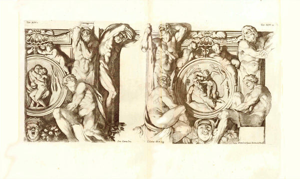 No title. - Galeria Farnese, Tab. XIV 1 and 2  Ceiling vault fresco  Copper etching by Carlo Cesio (1626-1686)  After the fresco by Annibale Carracci (1560-1609)  Published in "GALERIA NEL PALAZZO FARNESE IN ROMA DEL SERENISS·DVCA DI PARMA ETC· DIPINTA DA ANNIBALE CARACCI INTAGLIATA DA CARLO CESIO".  The publication has 44 etchings  Publisher: Venanzio Monaldini.  Rome, Roma, Rom, 1657