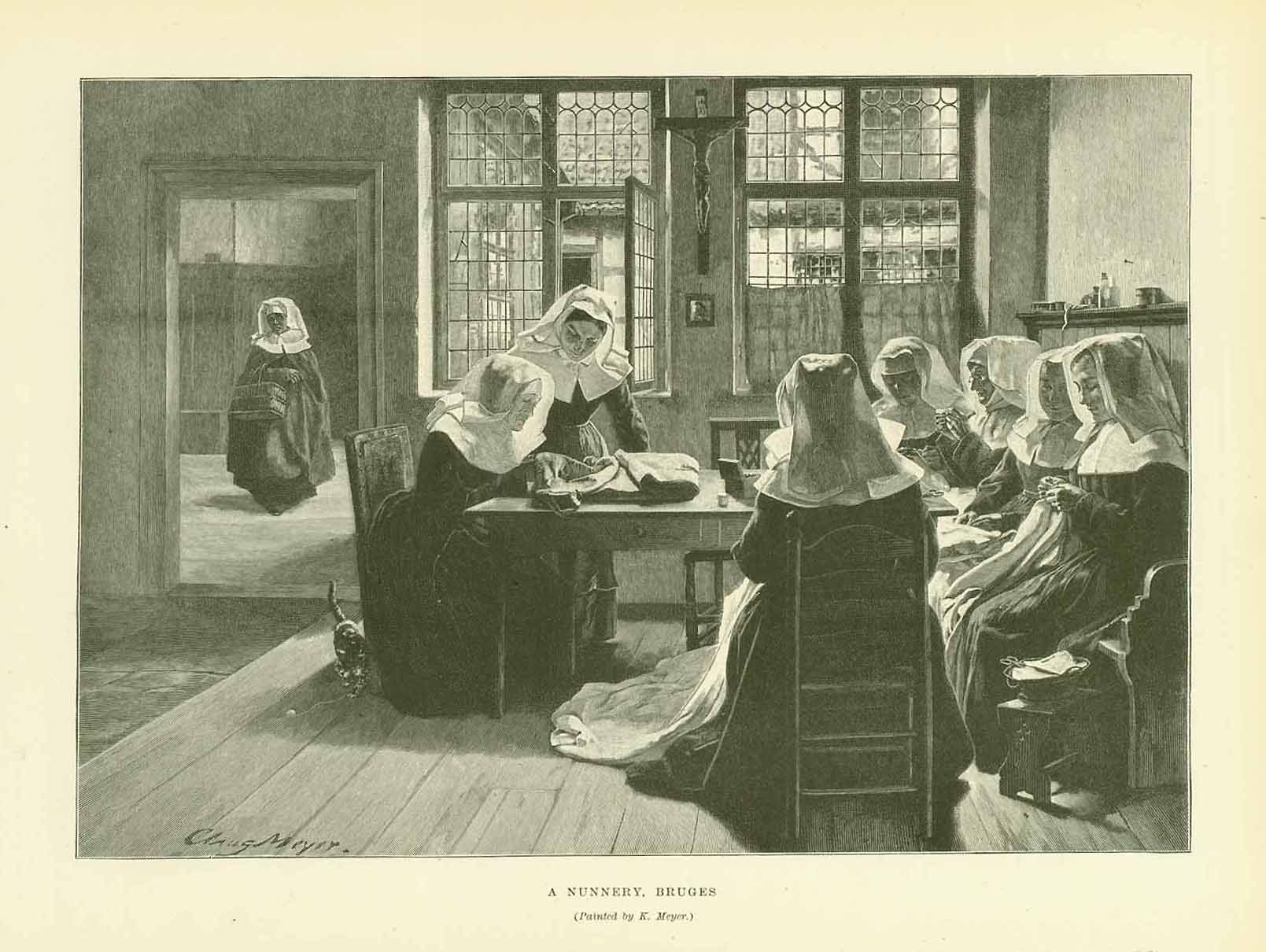 "A Nunnery, Bruges"  Wood engraving made after a painting by K. Meyer. Published 1895. Reverse side is printed.