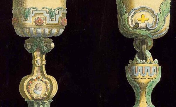 No title. Two decorated gold chalices Designs for use during Holy Mass in Roman Catholic Mass Copper etching by Jean Francois Forty Published in "Oeuvres d'orfèvrerie a l'usage des églises" Paris, ca. 1770 Original antique print The choices sand on a base block of blue gouache color and are surrounded by velvety black gouache colour., Katholizismus, Kelche, Kirche, religiös