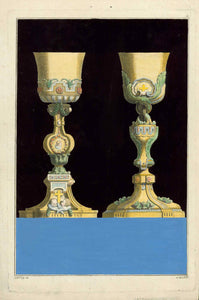 No title. Two decorated gold chalices  Designs for use during Holy Mass in Roman Catholic Mass  Copper etching by Jean Francois Forty  Published in "Oeuvres d'orfèvrerie a l'usage des  églises"  Paris, ca. 1770  Original antique print   The choices sand on a base block of blue gouache color and are surrounded by velvety black gouache colour., Katholizismus, Kelche, Kirche
