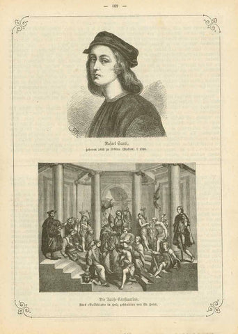 Upper image: Raphael Santi, geboren 1483 in Urbino (Italien) + 1520" (Raffael, Raffael da Urbino, Raffaello Santi) Lower image: "Die Taufe Constantins" (the Baptism of Constantine) interior design, wall decoration, ideas, idea, gift ideas, present, vintage, charming, special, decoration, home interior, living room design