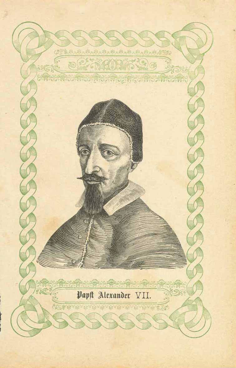 "Papst Alexander VII" (1599-1667)  Pope Alexander VII was Pope from 1655-1667. He was a friend of the arts and sciences and supported Athanasius Kircher and Lukas Holste. He was the pope at the time of the Pest (Bulbonic Plague) and made special controls in Rome to stop the plague.  Published ca 1875.  Original antique print , interior design, wall decoration, ideas, idea, gift ideas, present, vintage, charming, special, decoration, home interior, living room design