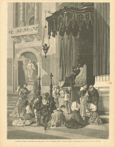 "Das Kuessen des Fusses der Bronce-Statue des heiligen Petrus in the St. Peterskirche in Rom" (kissing the foot of the bronze statue of St. Peter in the St. Peter's church in rome)  Wood engraving after a printing by Hermann Clement published 1879.  Original antique print  