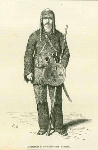 "Un guerrier de l'aoul Khevsour (Caucase)"  Wood engraving on a page of text abut the Caucusas region published 1860.