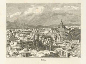 "Tiflis"  Wood engraving on a page of text (German) about Tiflis and the Caucasus that continues on the reverse side. Published 1878.  Original antique print 