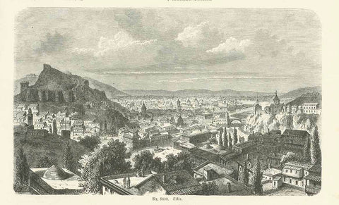"Tiflis"  Wood engraving from an illustrated work, 1875. Below the image is an article in German that continues on the reverse side of the page.  Original antique print , Caucasus