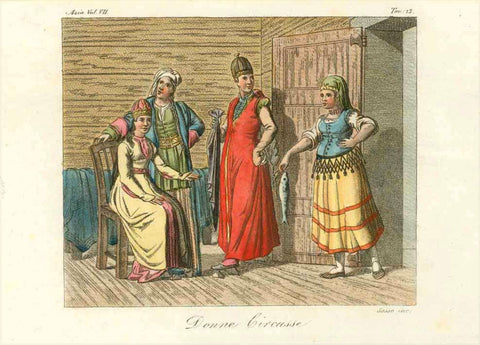  "Donne Circasse"  Copper engraving by Sasso 1820.  Original antique print  , Kaukasus