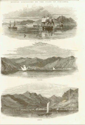 Upper image: "Anapa, Evacuated by the Russians" Middle image: "Soujak-Kale" Lower image: "Gitelendjik"  Caucasus, Kaukasien, Circassia, Russia, Anapa, Sonjak-Kale, Gitelendjik  Wood engraving published 1855.