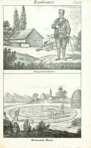 Antique print, "Kaukasien"  Upper image: "Steppentartaren" Lower image: "Tartarische Tenne"  Tatars are a Turkic speaking people who live in Russia, Uzbekistan, Kazakhstan and in scattered groups in other parts of Asia.  Lihographie published ca 1880.  Original antique print  