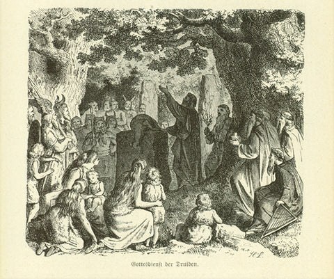 "Gottesdienst der Druiden"  Wood engraving on a page of text about the Druids. The text continues on the reverse side about Druids and Celtic life. Published 1881.