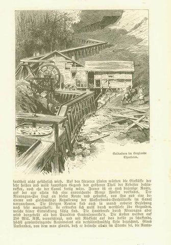 "Goldminen im Berglande Chontales" (Nicaragua)  Wood engraving published 1877 showing a gold mine near Chontales.  Original antique print 