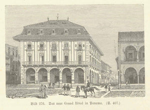 "Das neue Grand Hotel in Panama"  Wood engraving on a page of text about Panama that continues on the reverse side. Published 1885.  Central America, Panama, Mittelamerika, Panama City Grand Hotel  Original antique print  