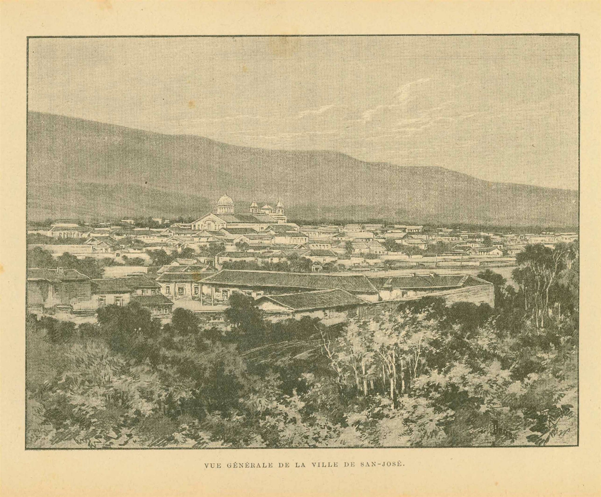 "Vue Generale De La Ville De San-Jose" (Costa Rica)  Zincograph published ca 1890.  Original antique print    On the reverse side is text about Central America.