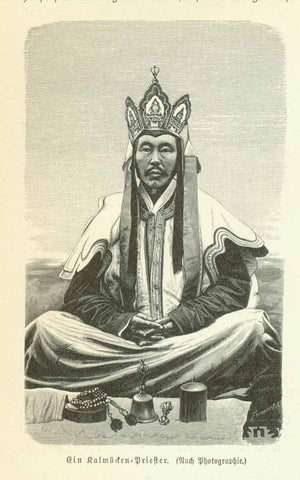 "Ein Kalmuecken Priester"  Wood engraving made after a photograph. Published 1895. The print is surrounded by text about the peoples of this Asian region.