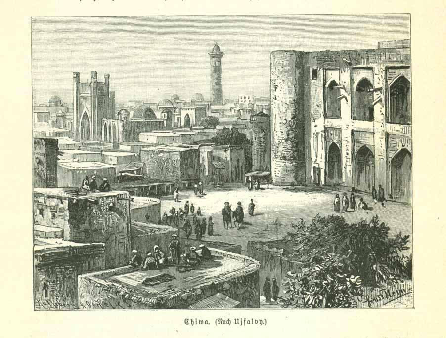 "Chiwa" (also Xiva) in Usbekistan  Wood engraving on a page of text about the region that continues on the reverse side of page.  Published ca 1885.