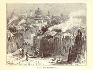 "Urga" (Ulaanbaatar)  Wood engraving on a page of text after Bourboulon published 1885. The text about Urga, its peoples and Mongolia continues on the reverse side.