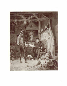 "Mephisto visiting Faust in his laboratory"  Zicograph in aquatint style after the painting by Alfred Jacomin (1842-1913)  Scene from "Faust" by Johann Wolfgang von Goethe  The print was separately printed on China paper and rolled upon underlaying paper.  Published in an unknown publication. Ca. 1900