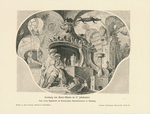 "Bereitung von Arznei-Mitteln im 17. Jahrhundert"  (Preparation of medicine in the 17th century)  Zincograph after a copper etching.