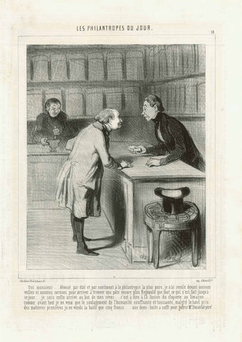 Pharmacy, Pharmacist  Lithograph by Honore Daumier  Daumier work nr. LD 1310  Series: "Les Philantropes du Jour". Nr. 18  Publication: "Le Charivari  Publication date: Paris, 18. November 1844  A pharmacist is trying to convince a customer of the value of a self-produced salve