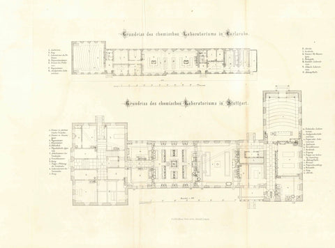 Upper image: "Grundriss des chemischen Laboratoriums in Carlsruhe" Lower image: "Grundriss des chemischen Laboratoriums in Stuttgart"  Very detailed diagrams of the chemical labortories in Carlsruhe and Stuttgart. Published 1859.  Original antique print  