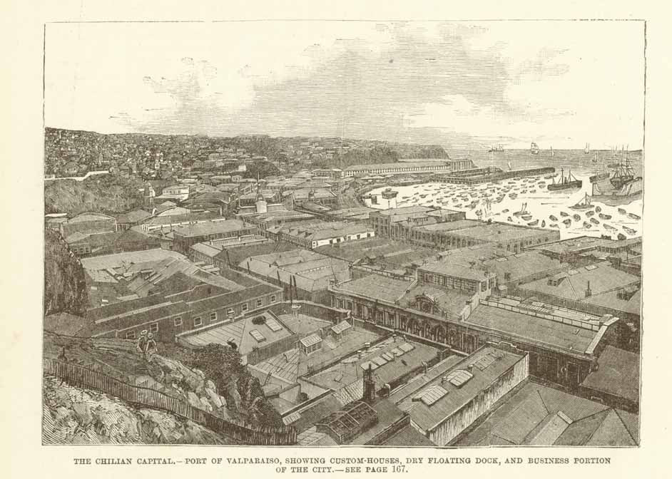 Antique print, antiker Stich, "The Chilian Capital - Port of Valparaiso, showing Custom Houe, Dry Floating Dock, and Business Portion of the City"  Valparaiso, Chile, Changos, Cerro Bellavista, Juan Bautista Pastene  Wood engraving published ca 1880.  Original antique print  interior design, wall decoration, ideas, idea, gift ideas, present, vintage, charming, special, decoration, home interior, living room design 