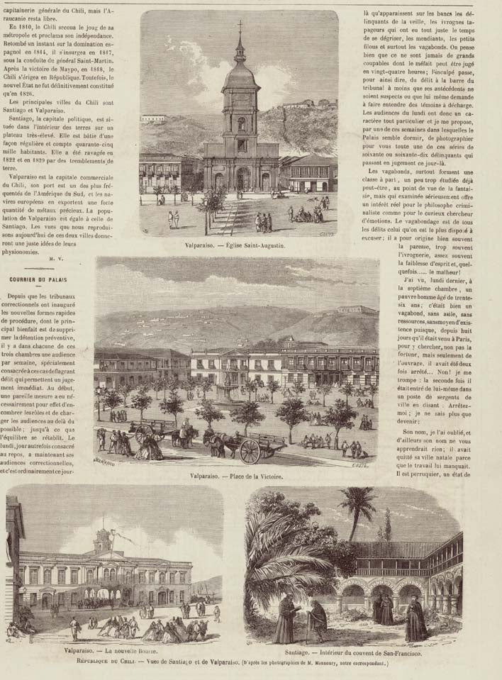 Antique print, "Valparaiso. - Eglise Saint Augustin, Valparaiso. - Place de la Victoire. Valpariso. La nouvelle Bourse.  Santiago. Inteieur du convent de San Francisco"  Wood engravings on a page of text about Chile. On the reverse side is unrelated text. Published 1866.