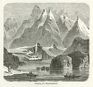 "Eingang der Magellanstrasse"  Wood engraving on a page of text about the Straits of Magellan that continues on the reverse side. Published 1885.