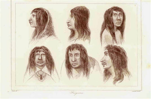 "Fuegians"  Fuegians are one of the three tribes of indigenous inhabitants of the Tierra del Fuego, at the southern tip of South America  Steel engraving by Lemaitre 1840. Upper margin narrow. Original antique print 