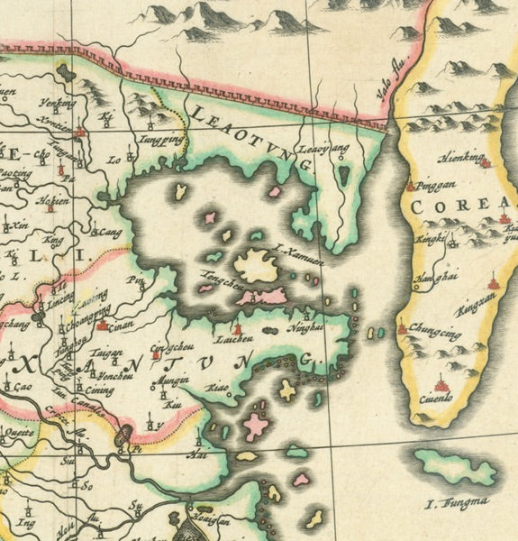"Imperii Sinarum Nova Descriptio"  This attractive map of China includes Korea as a peninsula, Japan and Formosa. It was originally made by Joan Blaeu after Martino Martini.Martini was a Jesuit missionary who made the first atlas of China in 1654. This map was first published by Blaeu. 