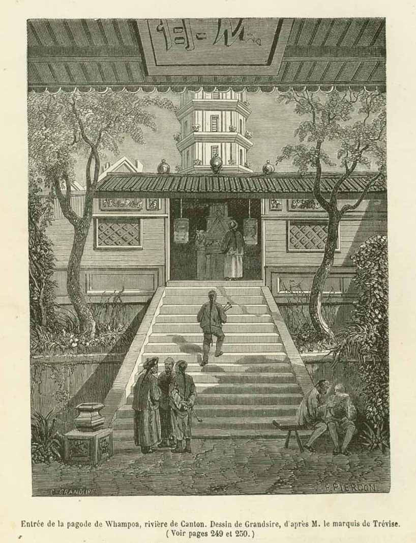"Entree de la pagode de Whampoa, riviere de Canton"  Wood engraving after Grandsire, published 1860.