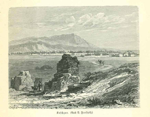 "Kaschgar" (Kaxgar, Kashgar)  Wood engraving on a page of text about the region that continues on the reverse side. Published 1895.
