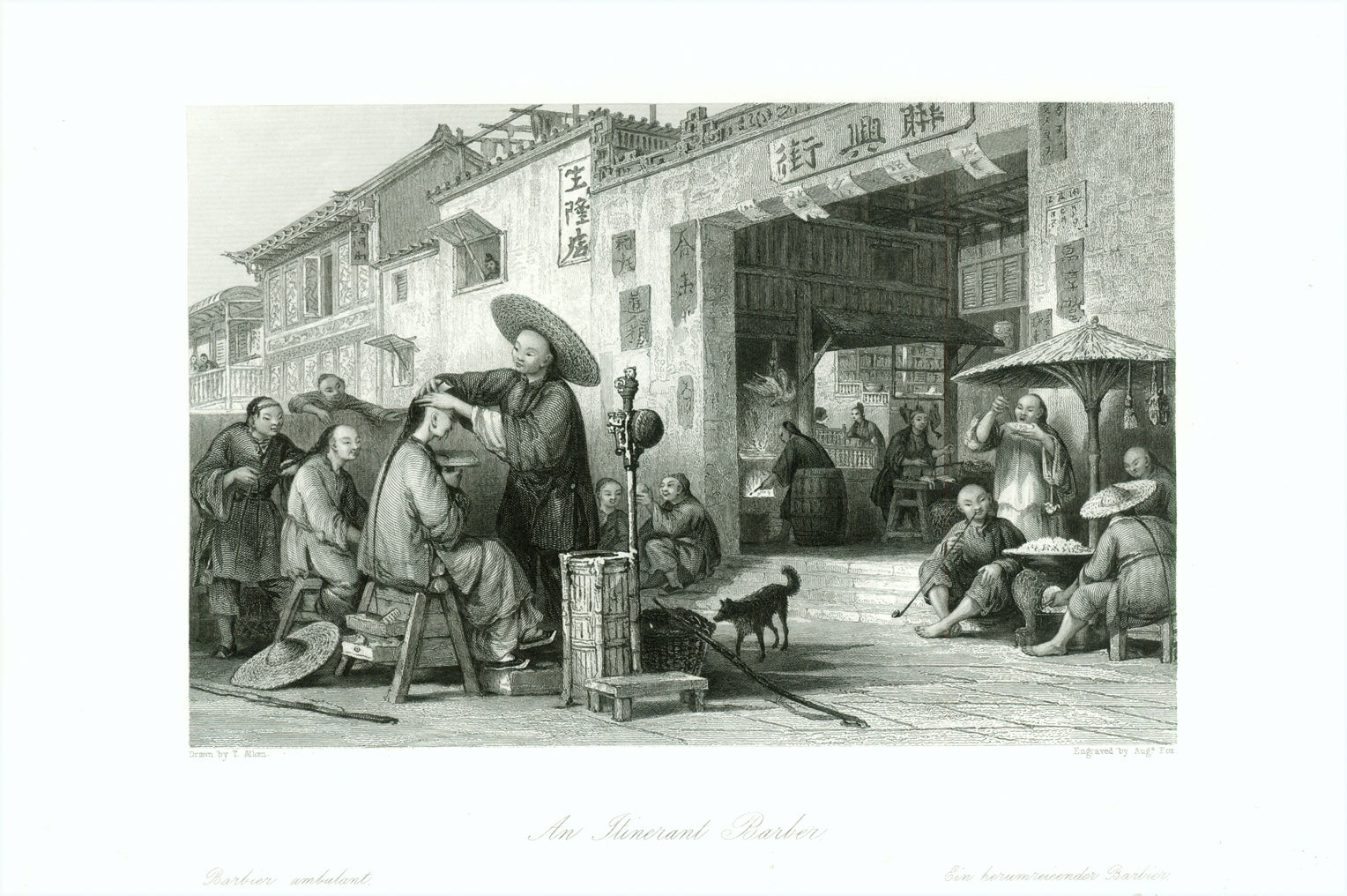 "An Intinerant Barber"  "Barbier ambulant,  Ein herumreisender Barbier"  Steel engraving by Aug. Fox after T. Allom, ca 1850.