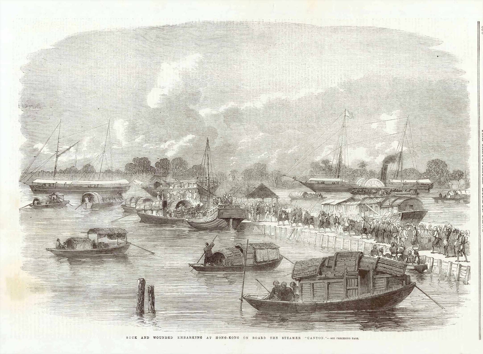 "Sick and Wounded Embarking at Hong-Kong on Board the Steamer "Canton"  Wood engraving published 1858. This print shows the sick being carried by coolies to be but on large boats.  On the reverse side is interesting text about the foreigners in Hong Kong and other news.  Original antique print 