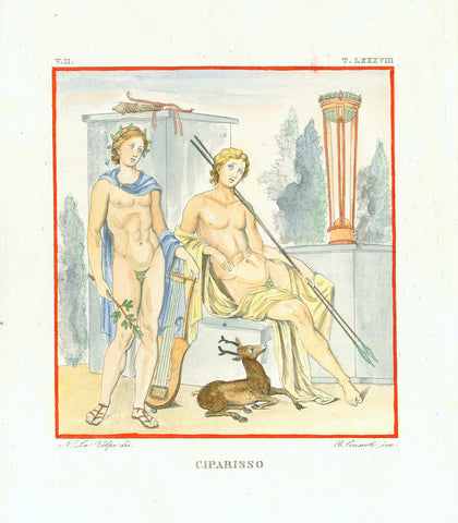 "Ciparisso"  Hand-colored copper etching by Bernardo Consorti (1785-?)  Original antique print   After the drawing by Nicola La Volpe (1789-1876)  Kyparissos was one of Apollo's lovers, who held a tame deer like a close friend for years. When he accidentally killed the animal, he was so unhappy that he wanted to die. But Apollo convinced him to live. He transformed him into a cyprus tree (symbol for mourning).  La Volpe shows the two adolescent boys (Apollo with a musicial instrument and Kyparissos with hun