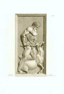 No title. Hercules taming the hide.  Marble relief.  Stipple engraving by John Samuel Agar (1773-1858)  After his own drawing.  Published in "Speciments of Ancient Sculpture, Aegyptian, Etruscan, Greek and Roman: Selected from different collections in Great Britain" Page XI  By Richard Payne Knight (1751-1824)  London, 1809  Agar's work as an engraver was hailed as "The finest ever made of Sculpture" (Nicholas Penny)